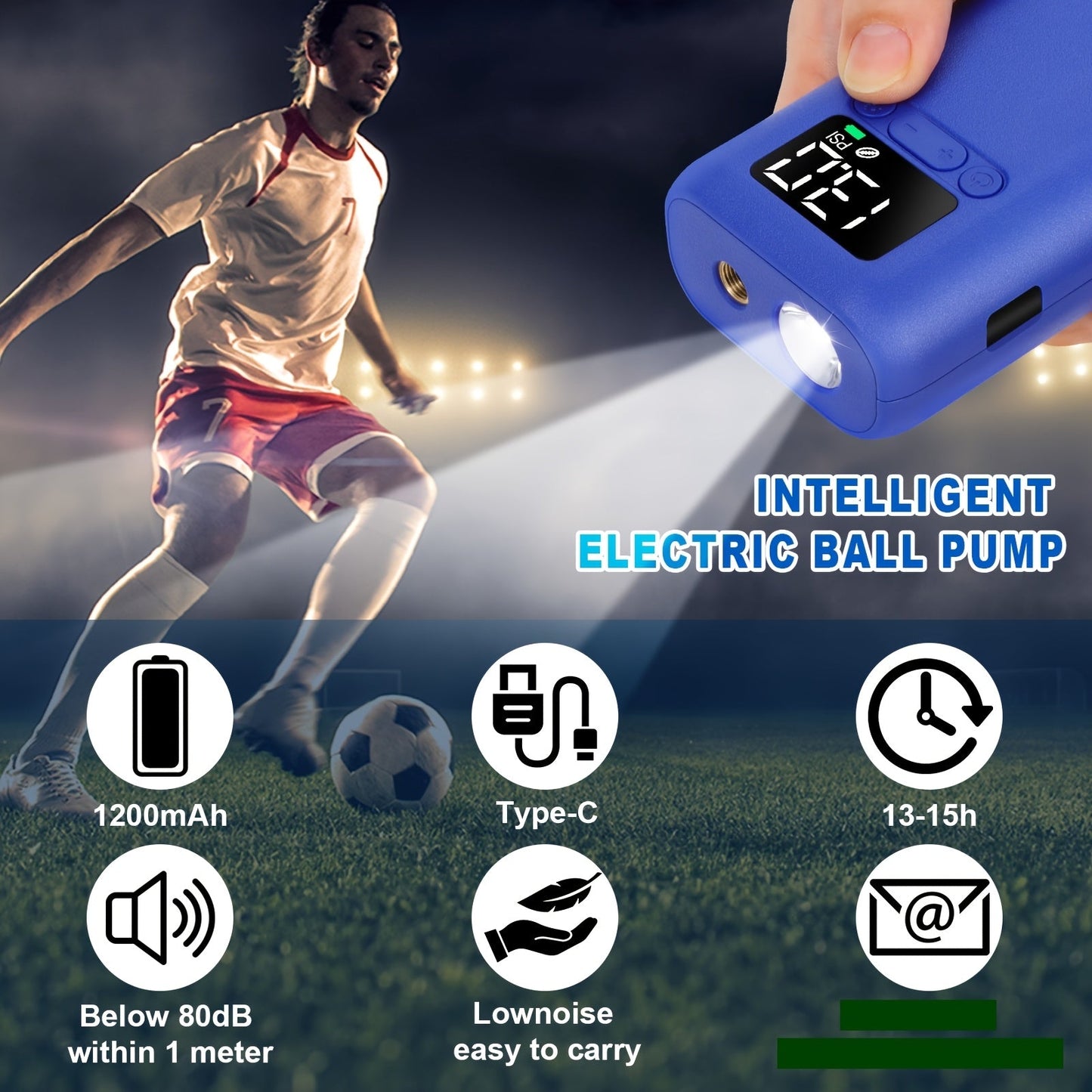 Automatic Electric Ball Pump with 20 PSI Capacity, LED Light for Footballs and Basketballs – Compact and Portable Inflator-3
