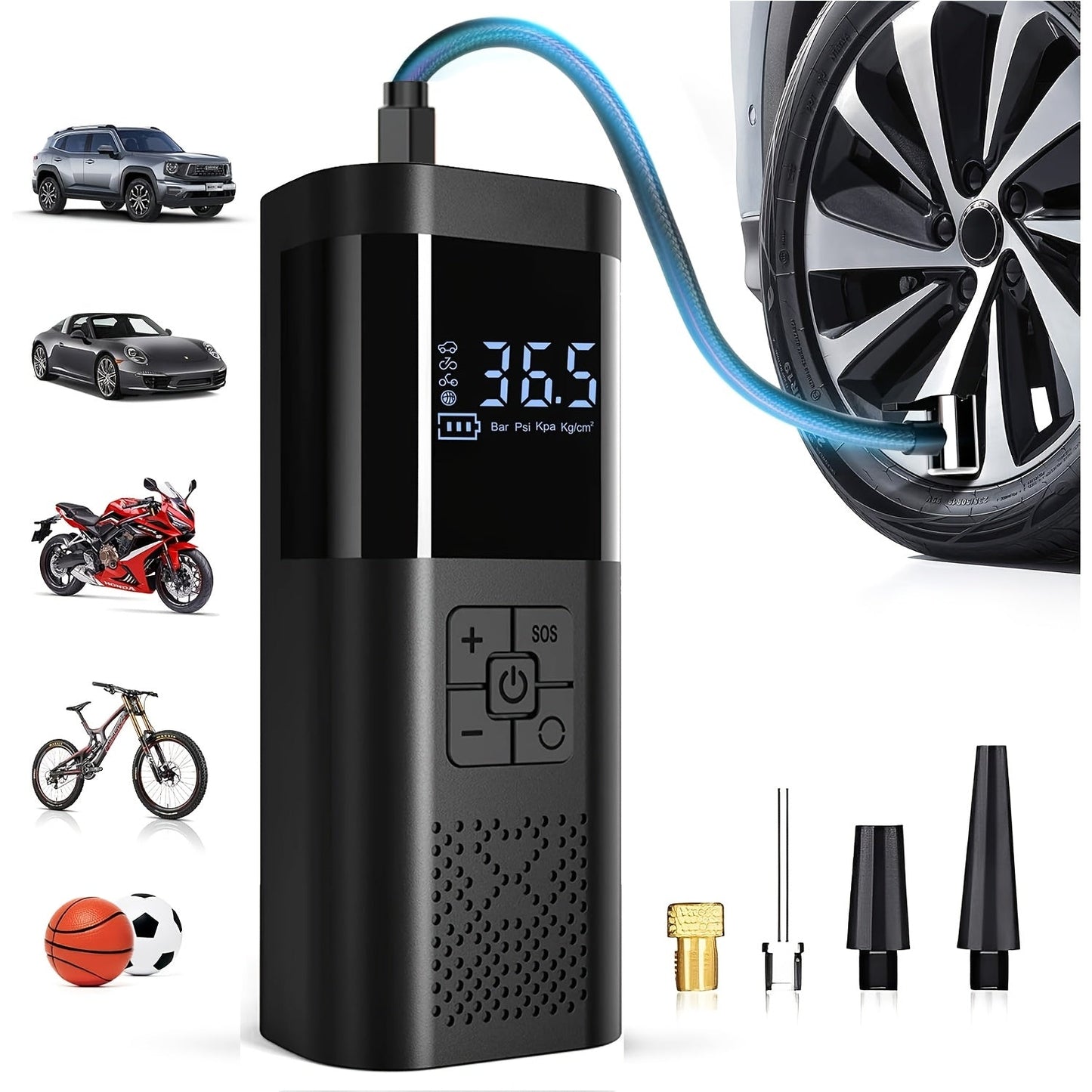 Portable Air Compressor with LCD Screen and LED Light – 150 PSI Inflator for Cars, Bikes, and Sports Equipment-1