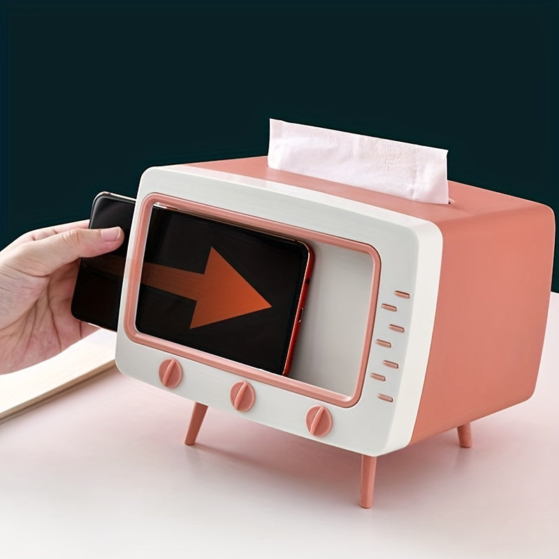 Retro TV Tissue Box Holder with Smartphone Dock – Multifunctional Tissue Cover for Home and Office Decor-2
