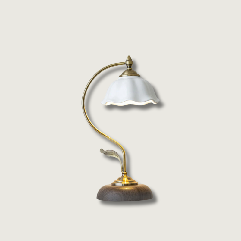 BloomGlow – Elegante Lampada da Scrivania in Ceramica e Legno
