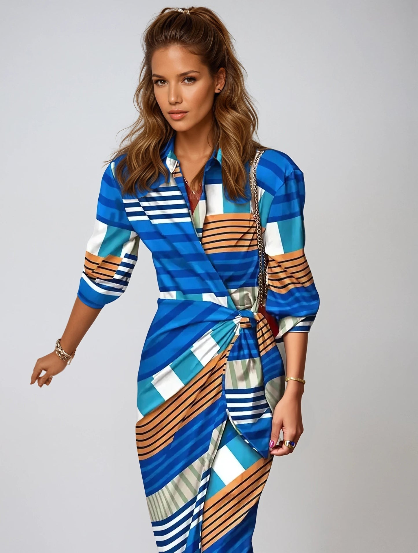 Elegant Maxi Dress with Abstract Print & Waist Detail - Long Sleeve Maxi Dresses for Women-4