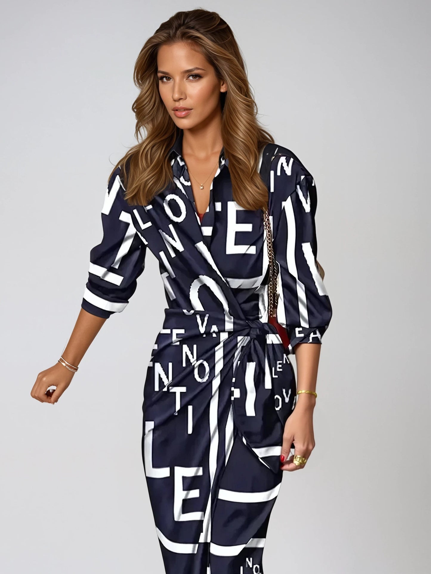 Variant image for Elegant Maxi Dress with Abstract Print & Waist Detail - Long Sleeve Maxi Dresses for Women-43