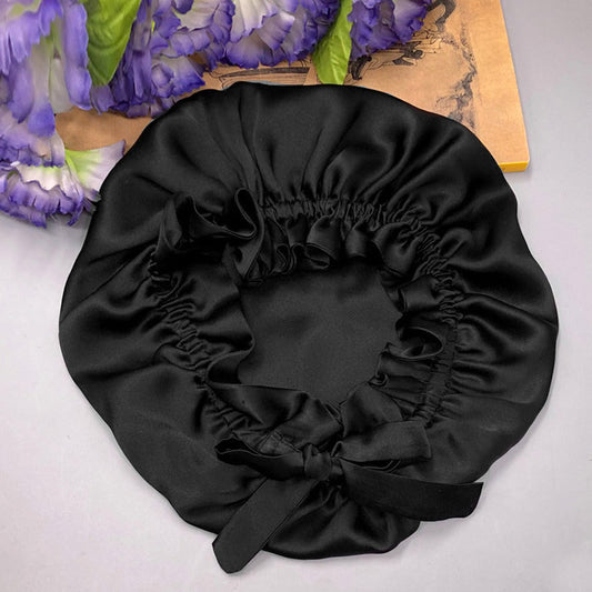LuxeSilk - Cappello da notte in seta a doppio strato con nastro