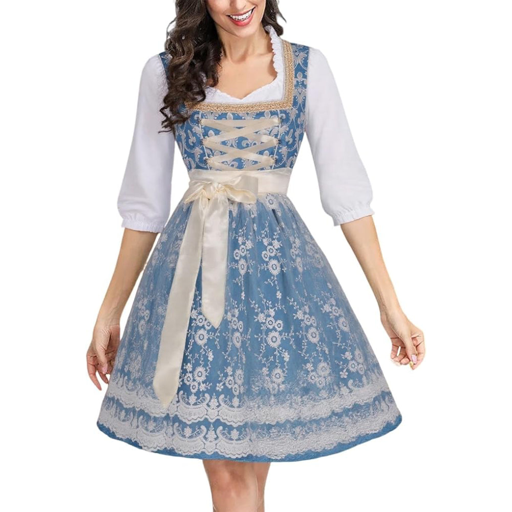 Blue dirndl dress with blouse & lace apron – Oktoberfest | Festive traditional costume for women 0