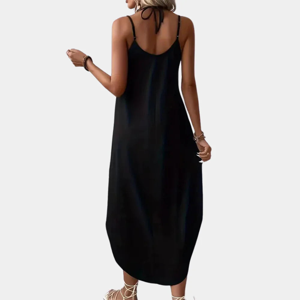 Hymans - Women's Black V-Neck Cami Dress with Adjustable Straps for Summer Elegance-4
