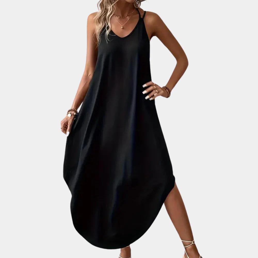 Hymans - Women's Black V-Neck Cami Dress with Adjustable Straps for Summer Elegance-2