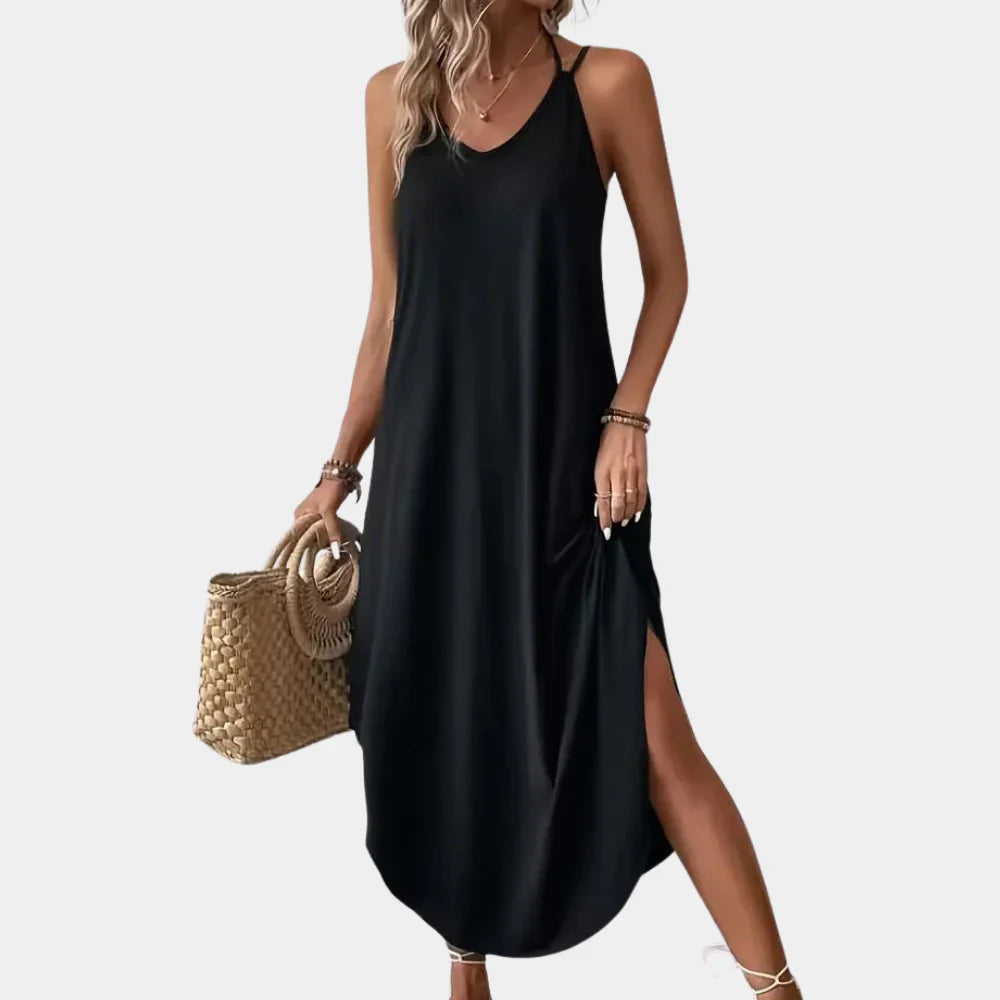 Variant image for Hymans - Women's Black V-Neck Cami Dress with Adjustable Straps for Summer Elegance-1