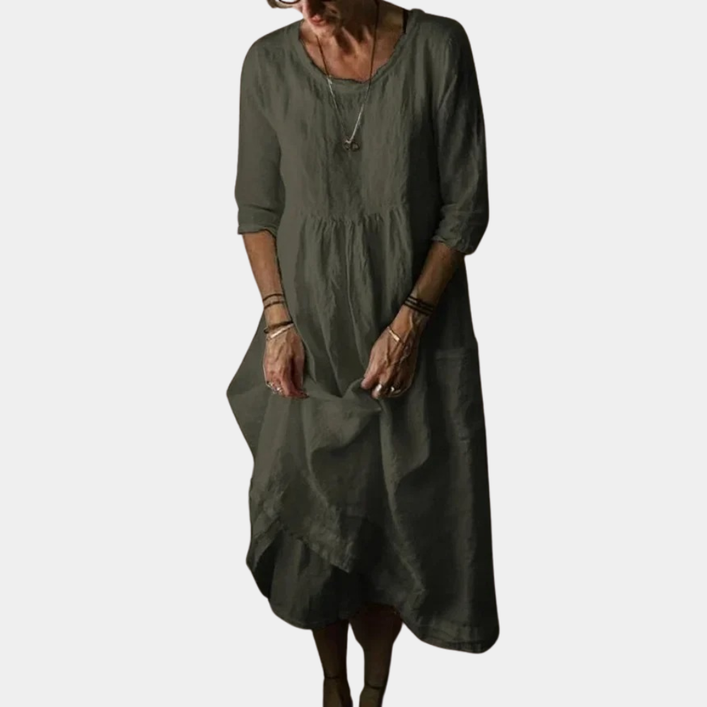 Variant image for Hanna - Womens Vintage Midi Dress with Elbow Sleeves in Cotton-Linen Blend-6