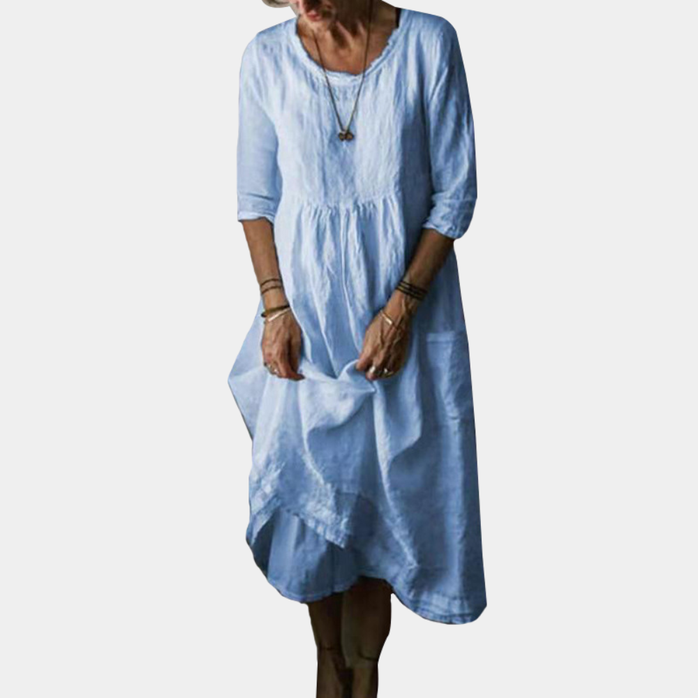 Variant image for Hanna - Womens Vintage Midi Dress with Elbow Sleeves in Cotton-Linen Blend-11