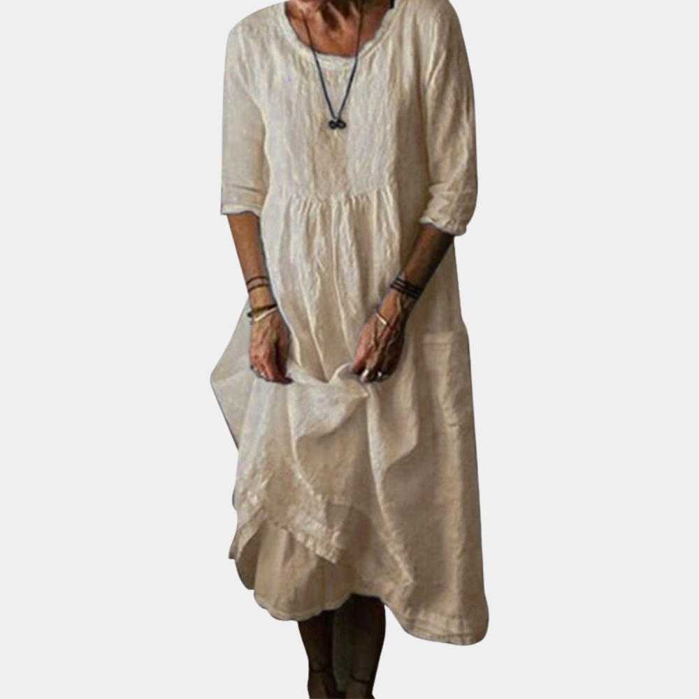 Variant image for Hanna - Womens Vintage Midi Dress with Elbow Sleeves in Cotton-Linen Blend-16