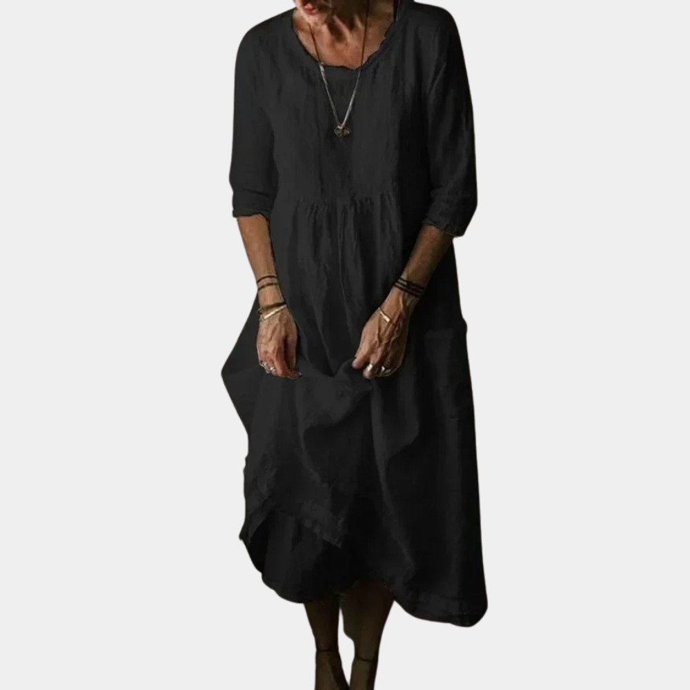 Variant image for Hanna - Womens Vintage Midi Dress with Elbow Sleeves in Cotton-Linen Blend-1