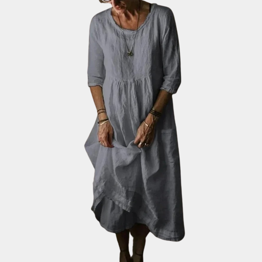 Variant image for Hanna - Womens Vintage Midi Dress with Elbow Sleeves in Cotton-Linen Blend-21