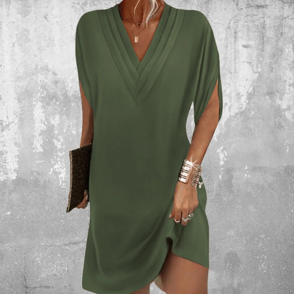 Variant image for Brina - Women's Elegant Black V-Neck Dress with Split Sleeves for Versatile Style-6