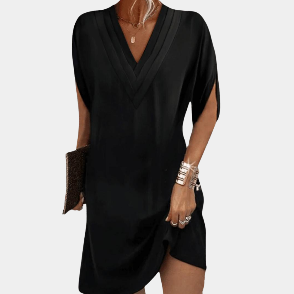 Brina - Women's Elegant Black V-Neck Dress with Split Sleeves for Versatile Style-2