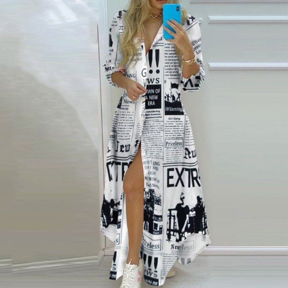 Variant image for Artistic Newspaper Print Luxury Dress - Unique Womens Dress for Statement Style-6