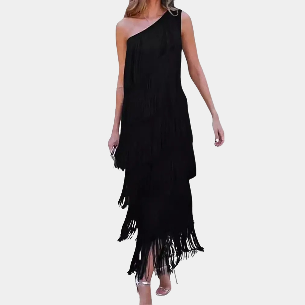 Elegant One-Shoulder Black Dress with Fringes for Women's Cocktail & Formal Events-6