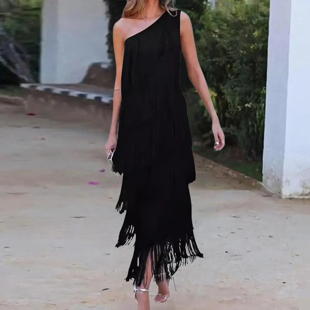 Variant image for Elegant One-Shoulder Black Dress with Fringes for Women's Cocktail & Formal Events-6