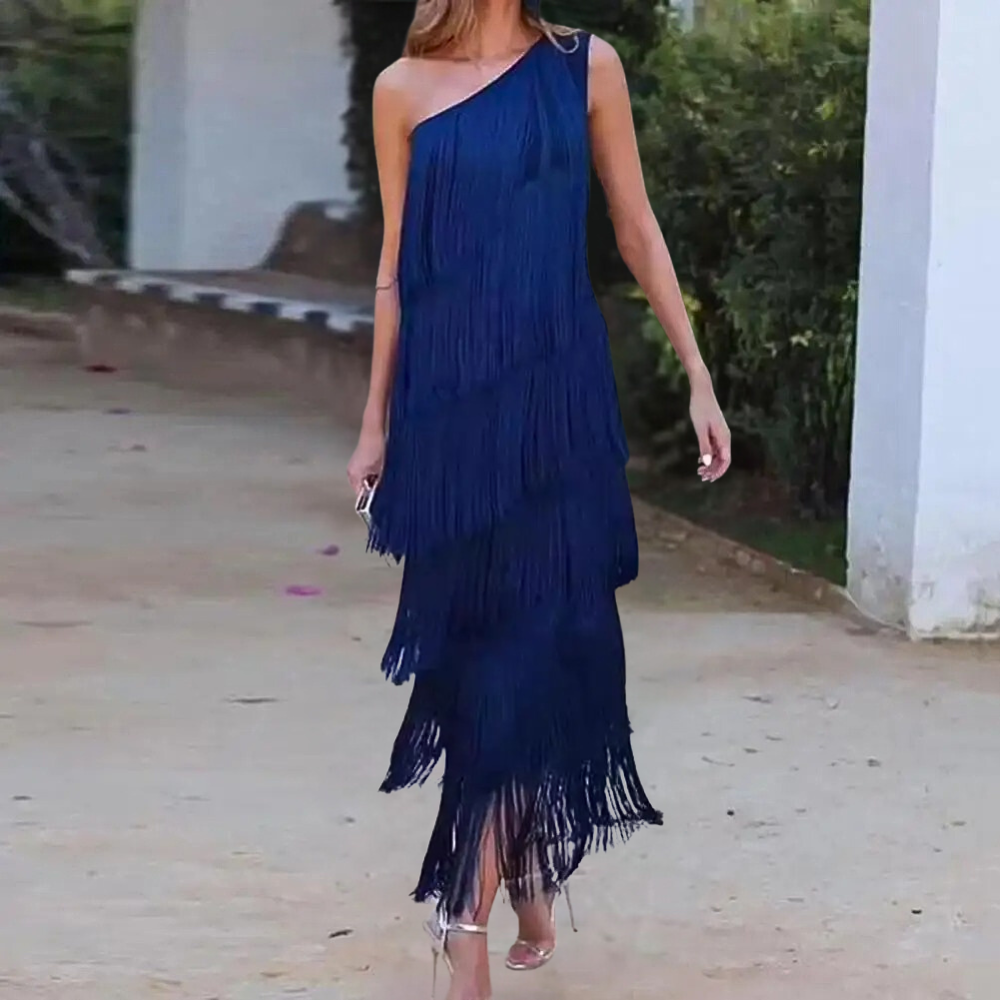 Variant image for Elegant One-Shoulder Black Dress with Fringes for Women's Cocktail & Formal Events-1