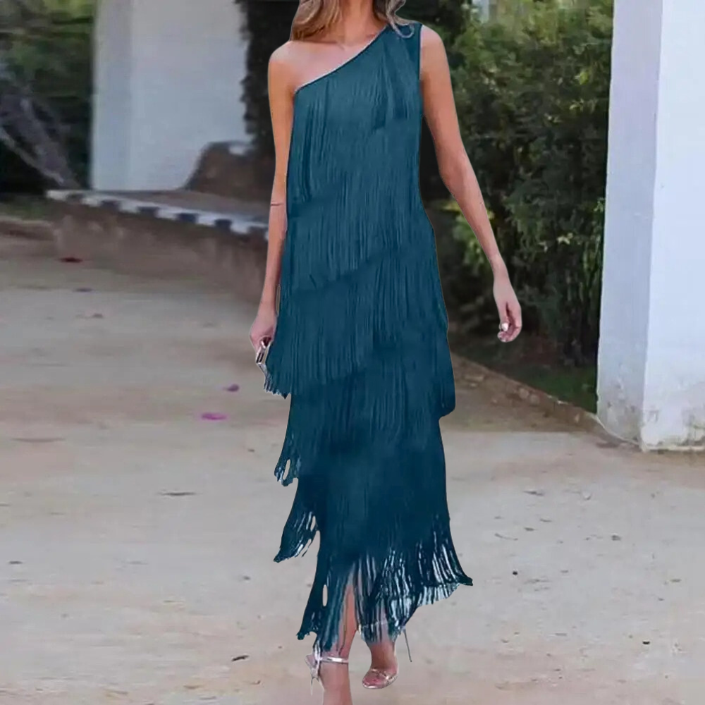 Variant image for Elegant One-Shoulder Black Dress with Fringes for Women's Cocktail & Formal Events-11