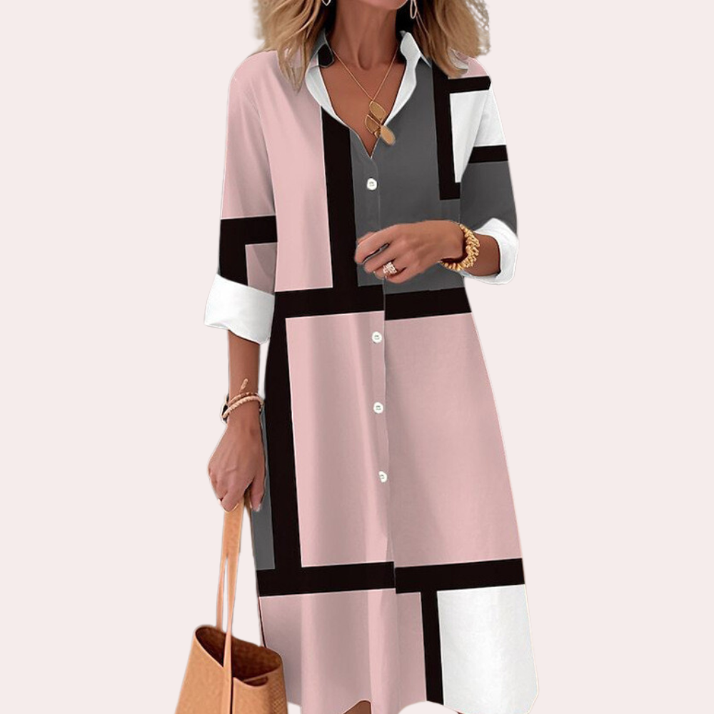 Variant image for Elegant Pink Midi Dress for Women with Long Sleeves and Button Closure-16