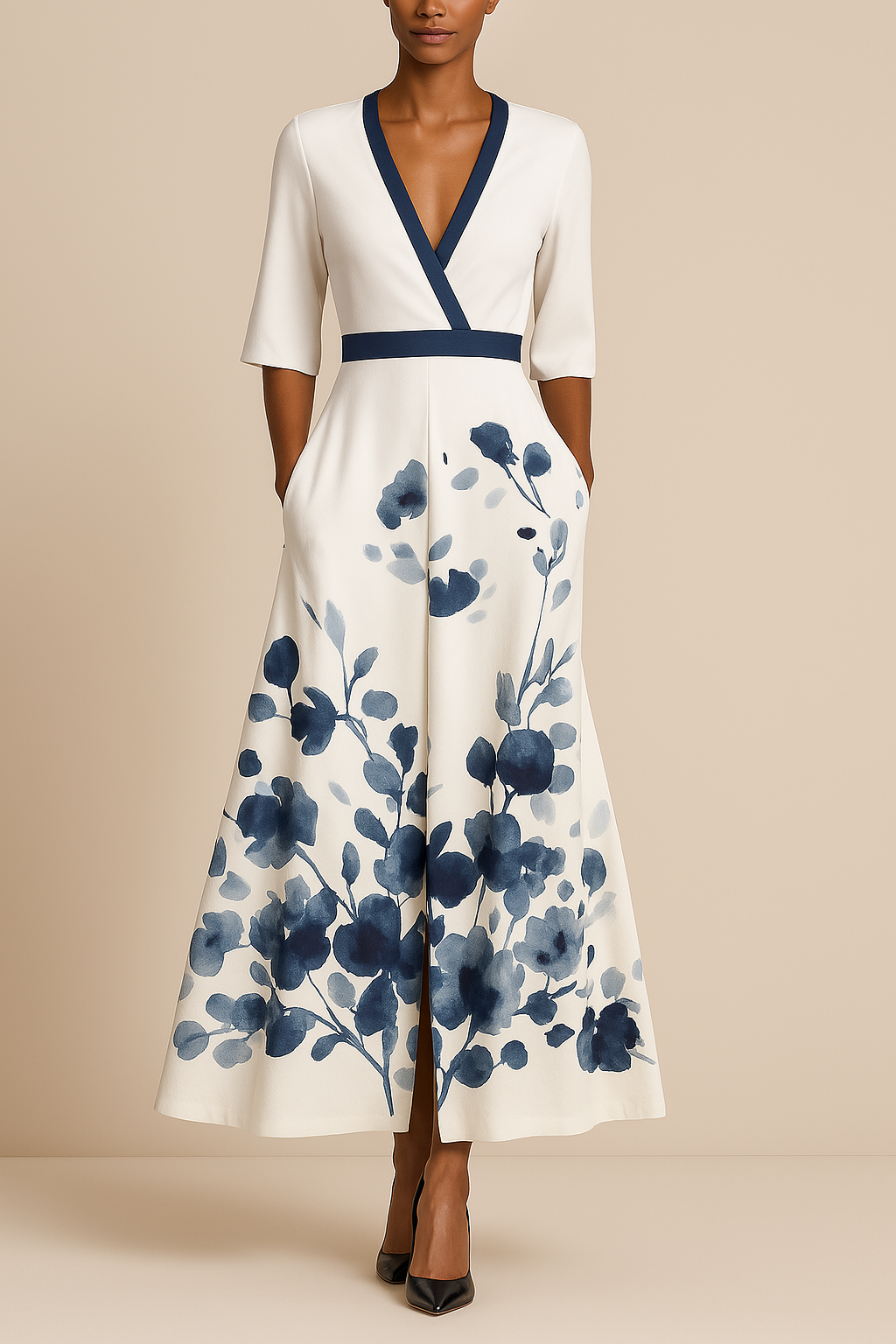 Variant image for Elegant Eve - Long Sleeve Floral Maxi Dress for Women, V-Neck A-Line-11