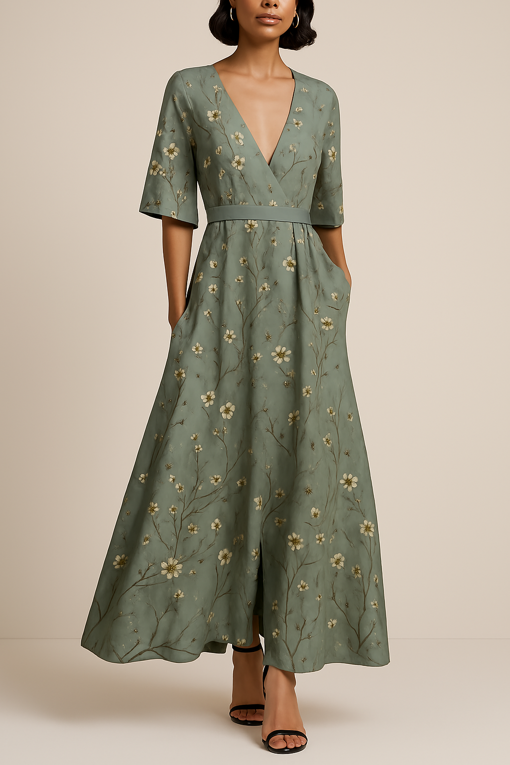 Variant image for Elegant Eve - Long Sleeve Floral Maxi Dress for Women, V-Neck A-Line-6