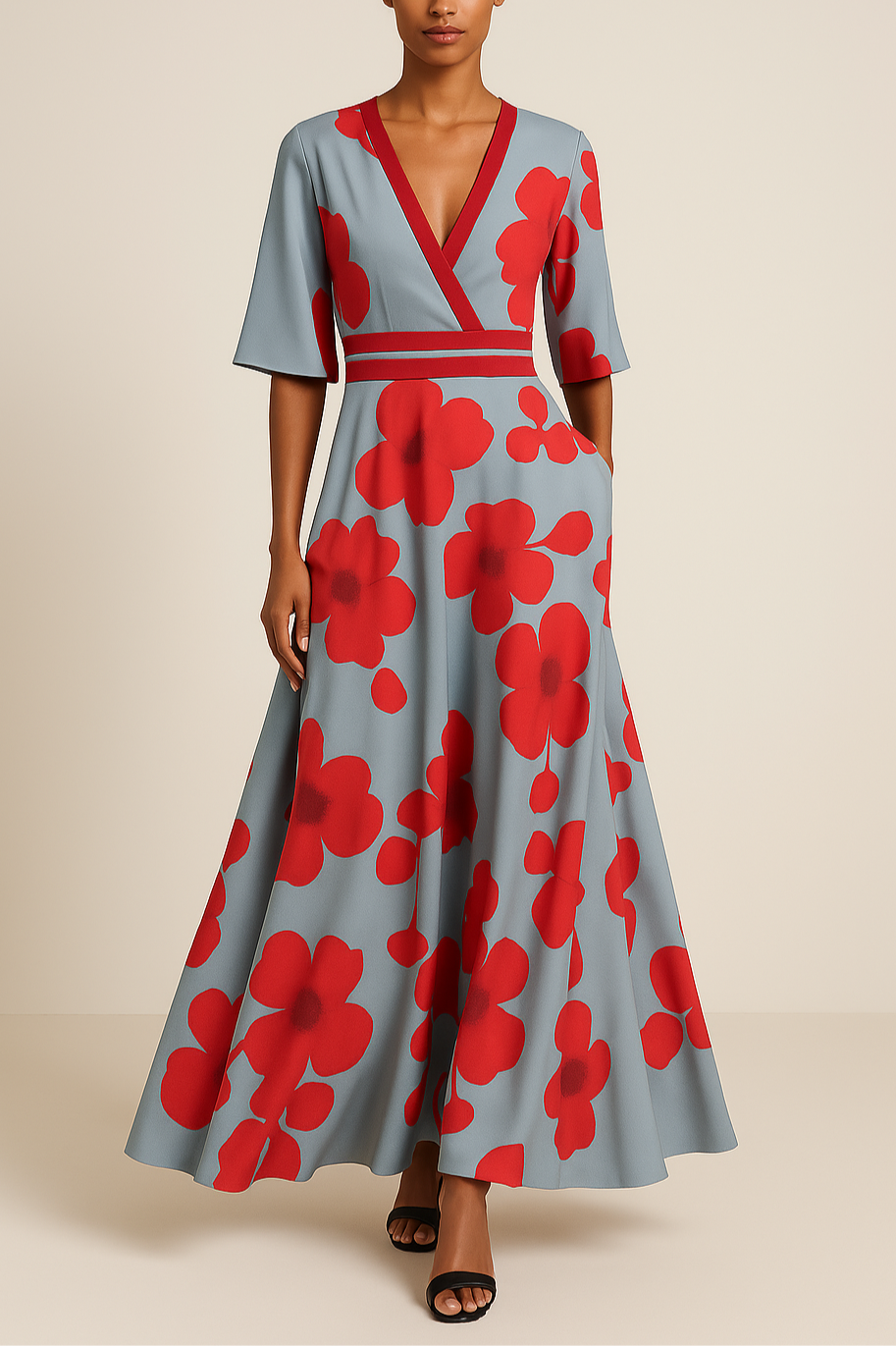 Variant image for Elegant Eve - Long Sleeve Floral Maxi Dress for Women, V-Neck A-Line-1