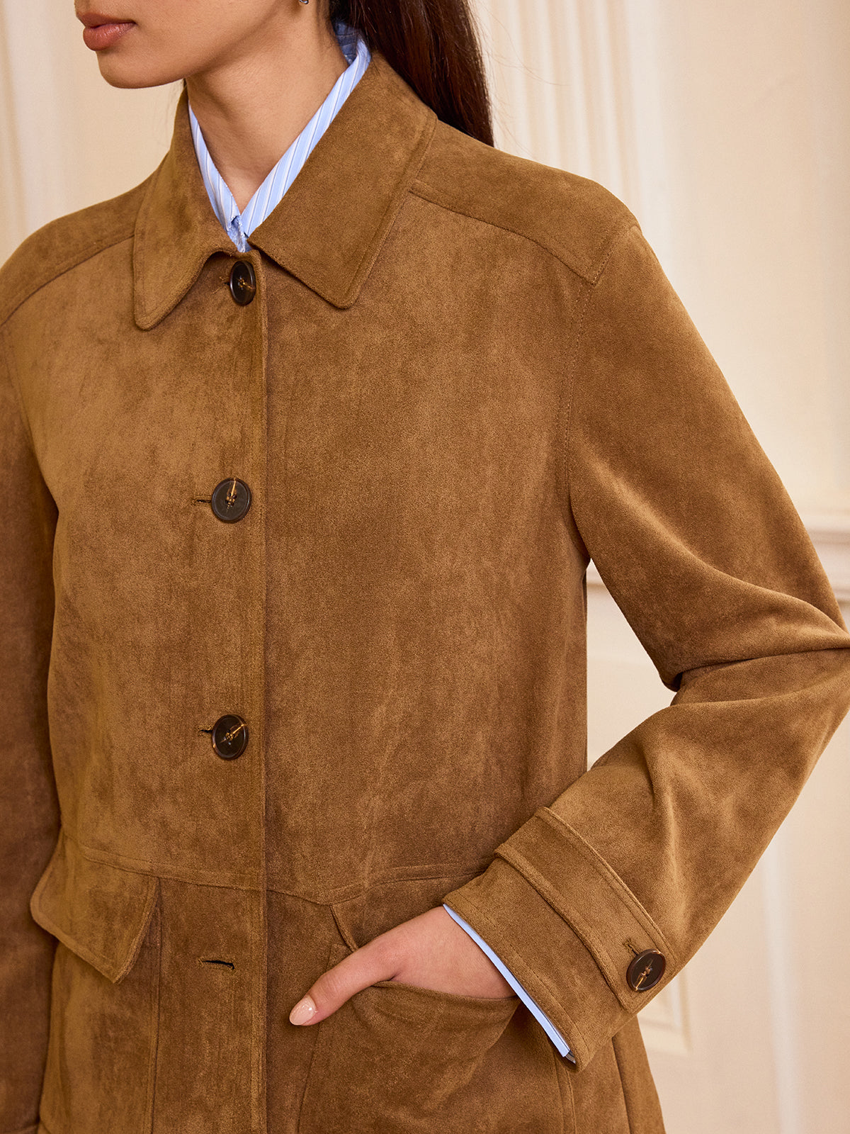 Collared Button-Front Suede Blazer 1