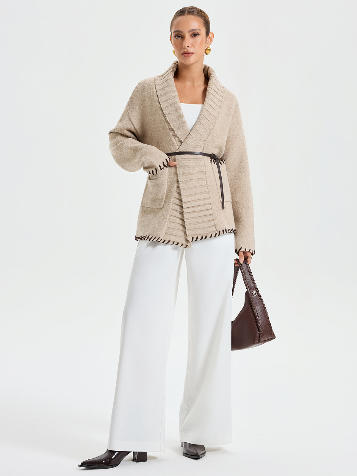 Contrast Stitched Shawl Collar Belted Knit Outerwear 1