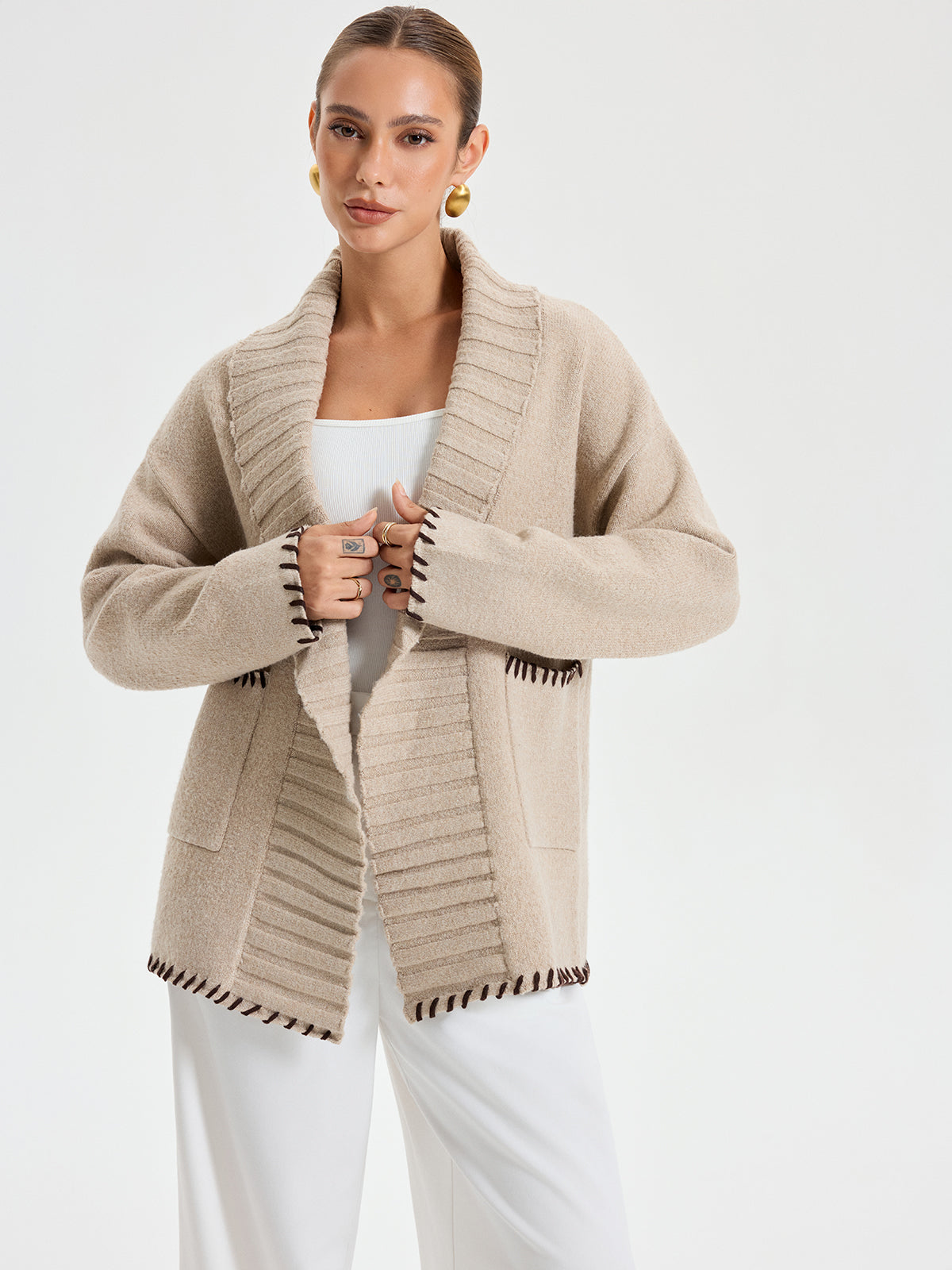 Contrast Stitched Shawl Collar Belted Knit Outerwear 2