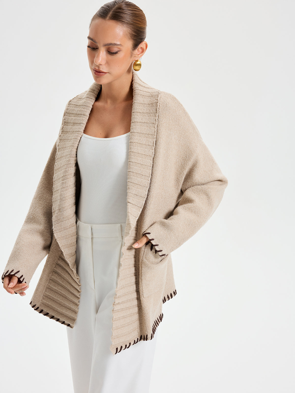 Contrast Stitched Shawl Collar Belted Knit Outerwear 3