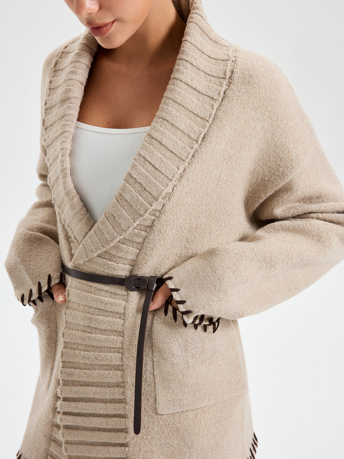 Contrast Stitched Shawl Collar Belted Knit Outerwear 4