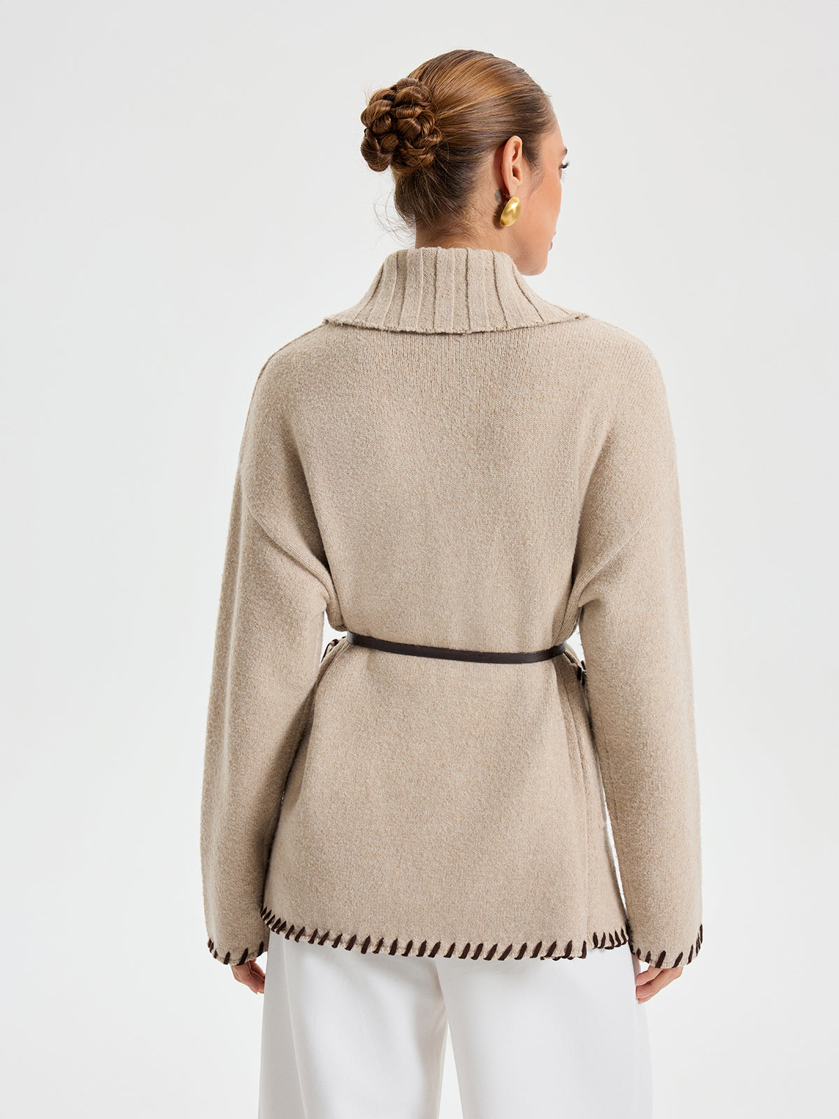 Contrast Stitched Shawl Collar Belted Knit Outerwear 5