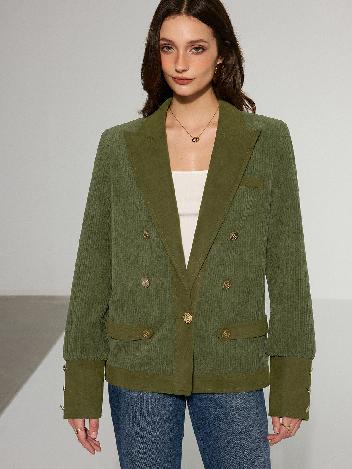 Corduroy Lapel Metal Button Blazer 1