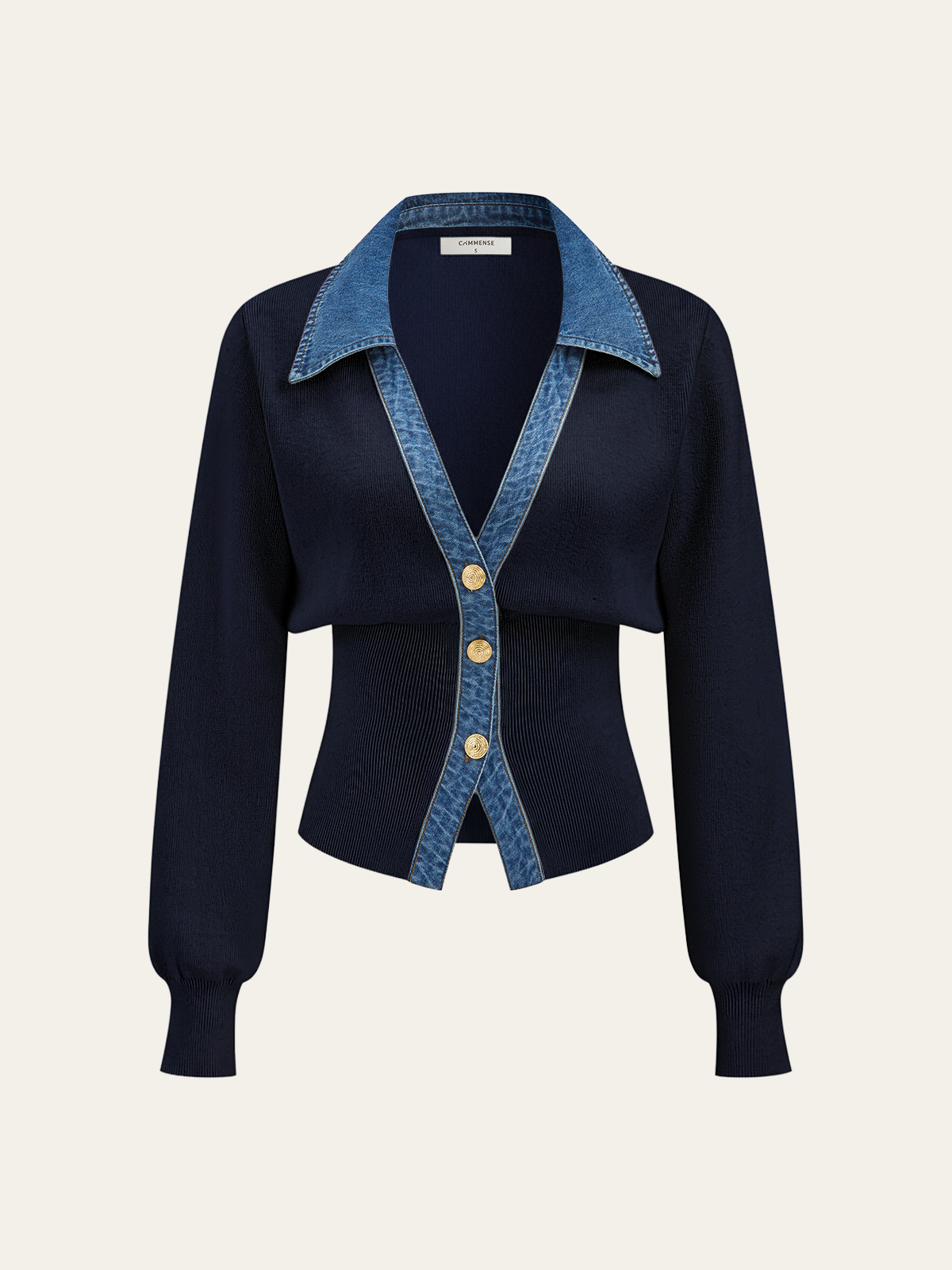 Denim Collar Metal Button V-Neck Knit Top 4