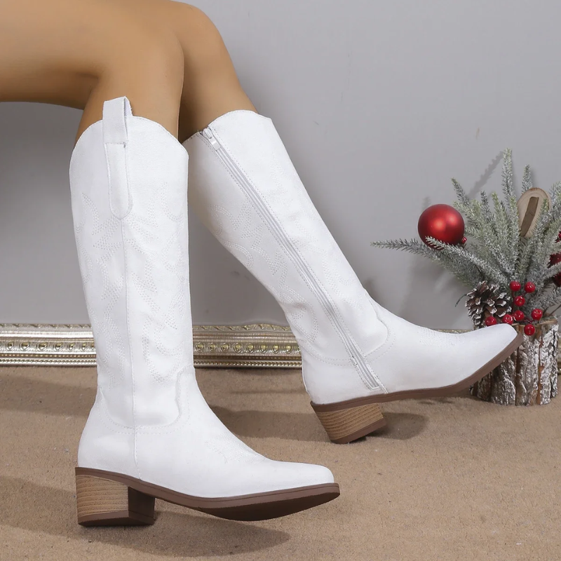 Denim Cowboy Boots for Women with Western Embroidery and Comfortable Block Heel – Blue 5