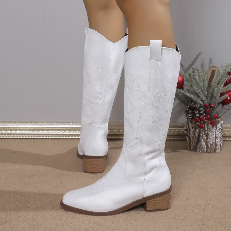 Denim Cowboy Boots for Women with Western Embroidery and Comfortable Block Heel – Blue 6