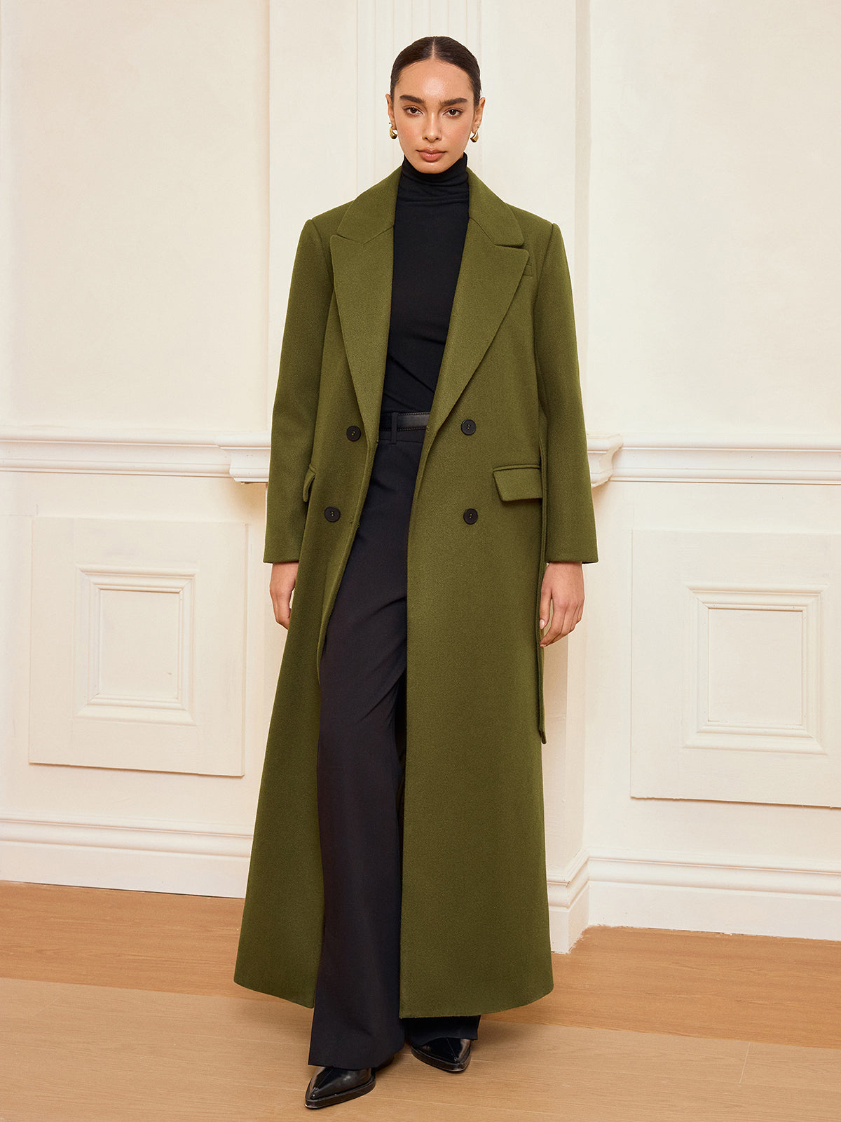 Double-Breasted Belted Long Coat 0