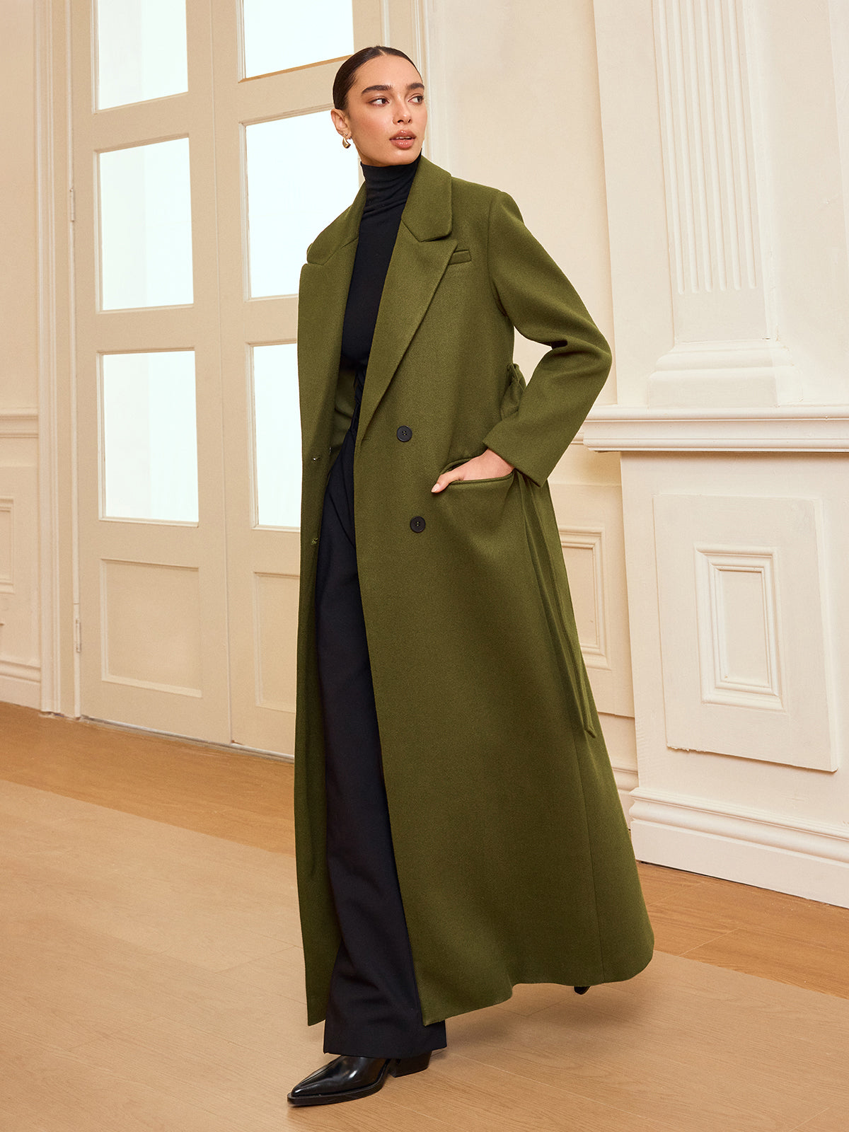 Double-Breasted Belted Long Coat 1