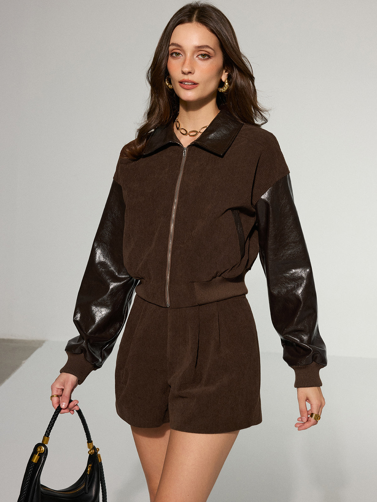 Faux Leather Panel Corduroy Zip-Up Jacket 4