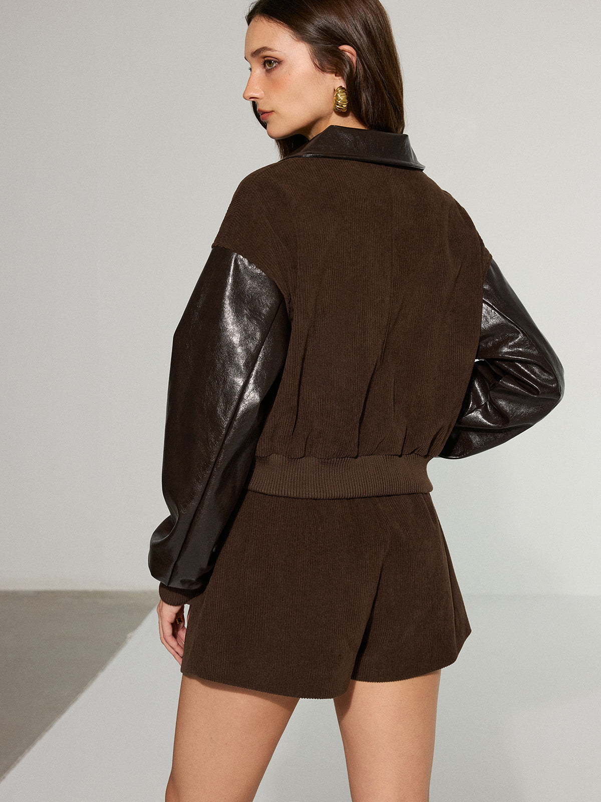 Faux Leather Panel Corduroy Zip-Up Jacket 5