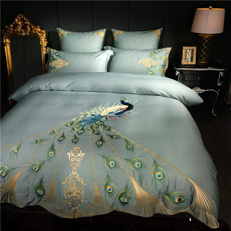 LuxeFeathers – Luxurious Egyptian Cotton Duvet Set with Teal and Peacock Pattern