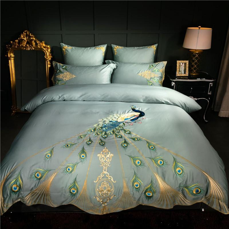 LuxeFeathers – Luxurious Egyptian Cotton Duvet Set with Teal and Peacock Pattern