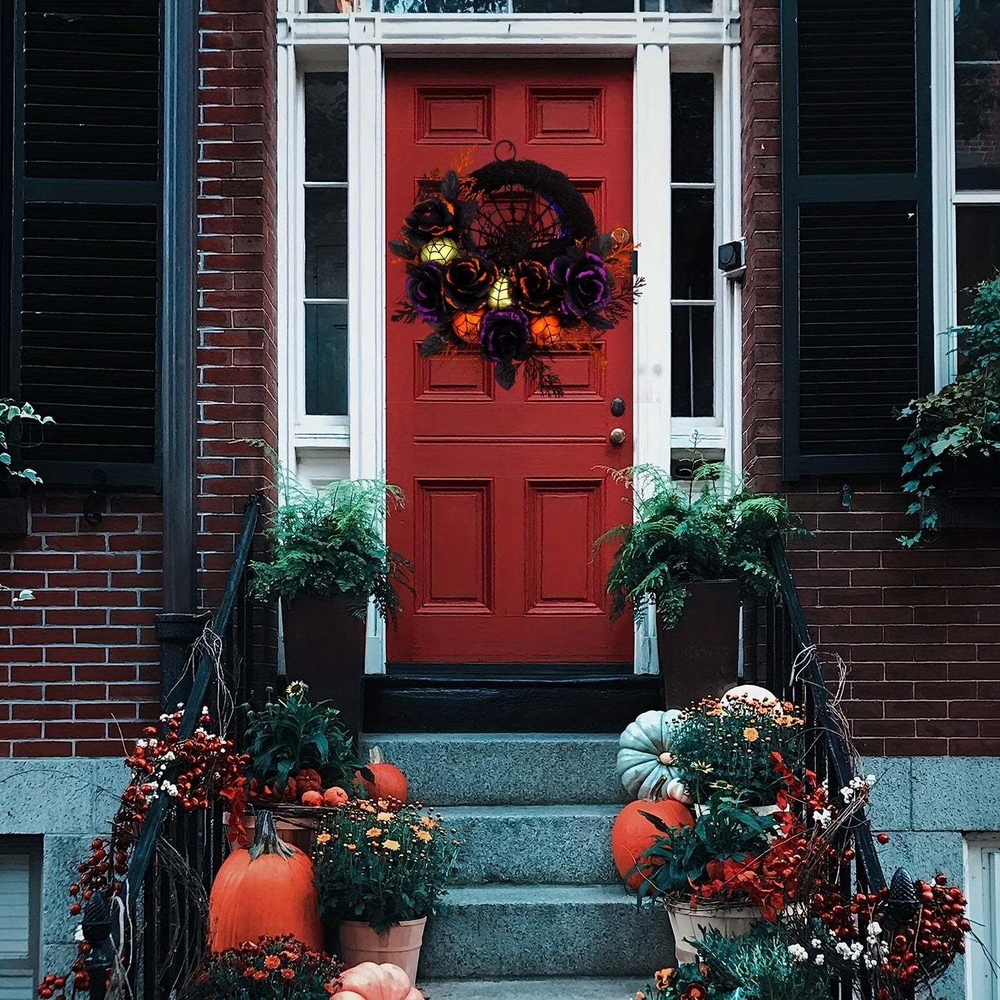 Halloween Gothic Floral Wreath - Black Roses & Spiderweb Front Door Decor with Glitter Accents 3