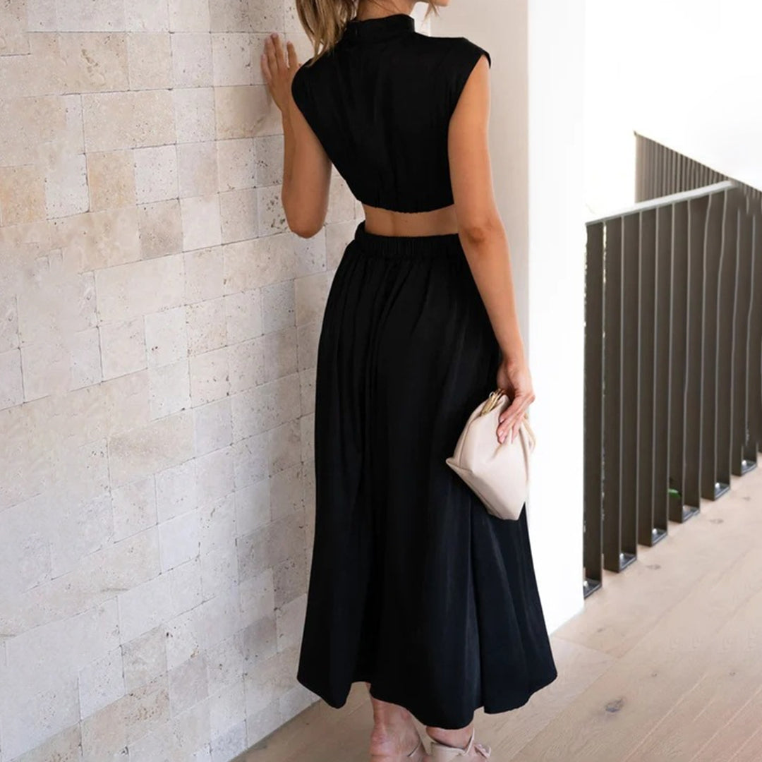 Elegant Short Sleeve Polyester Womens Dress with Raised Collar for Summer-3