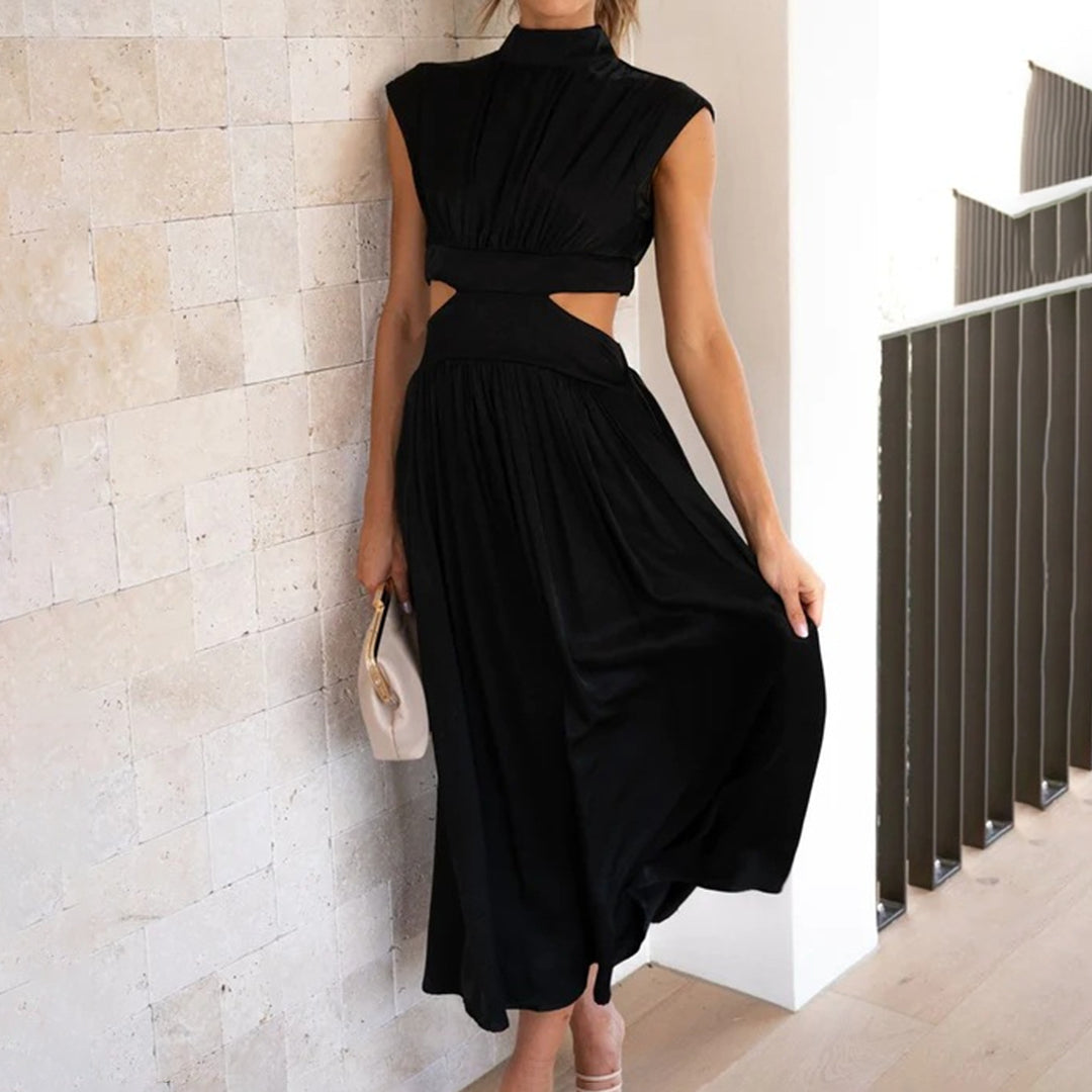 Elegant Short Sleeve Polyester Womens Dress with Raised Collar for Summer-4