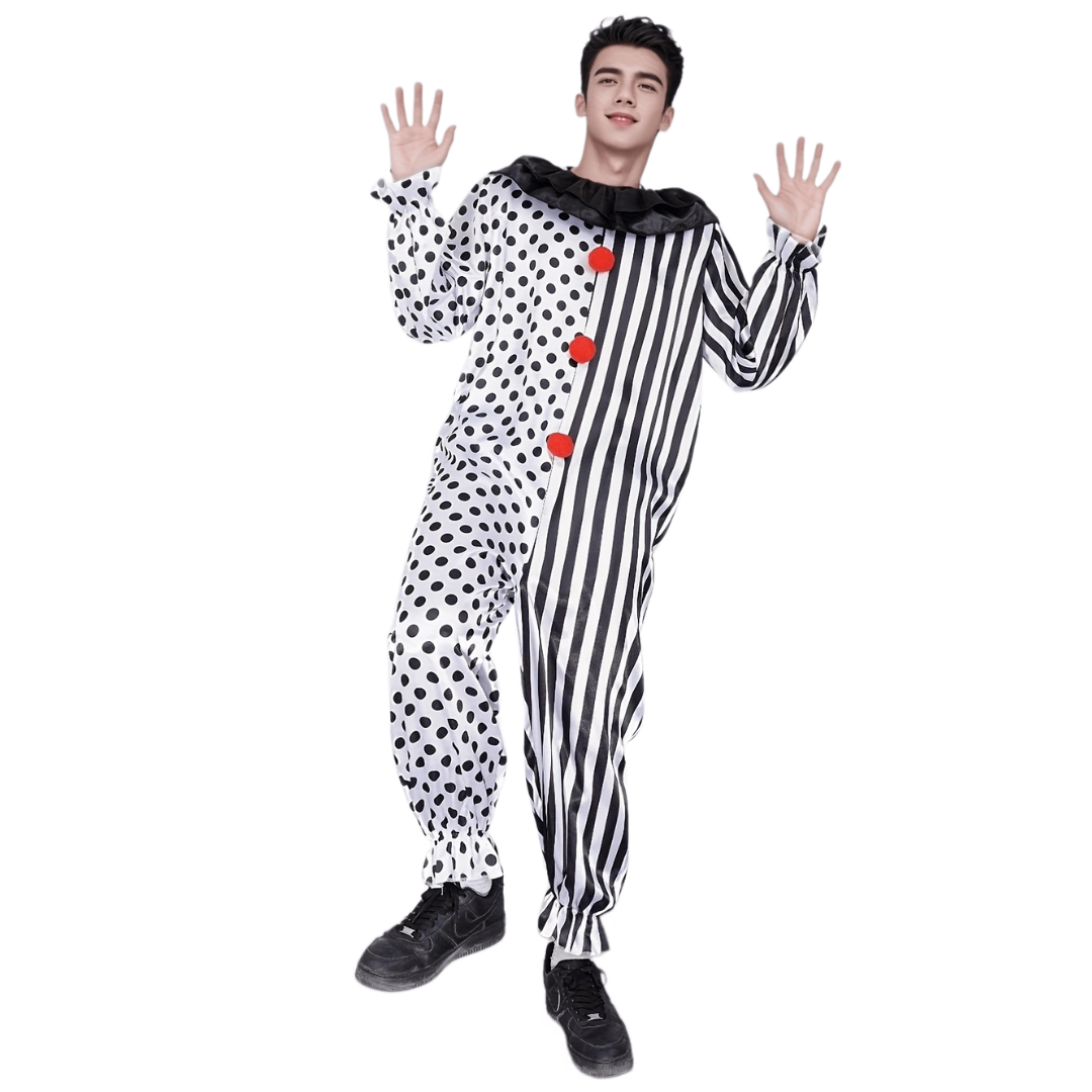 Men’s Funny Halloween Clown Costume Jumpsuit | Polka Dot Striped 0