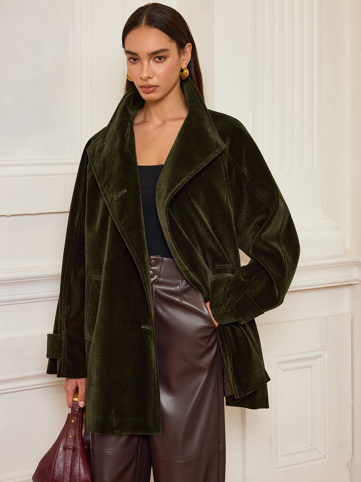 Pocketed Velvet Coat without Belt 2