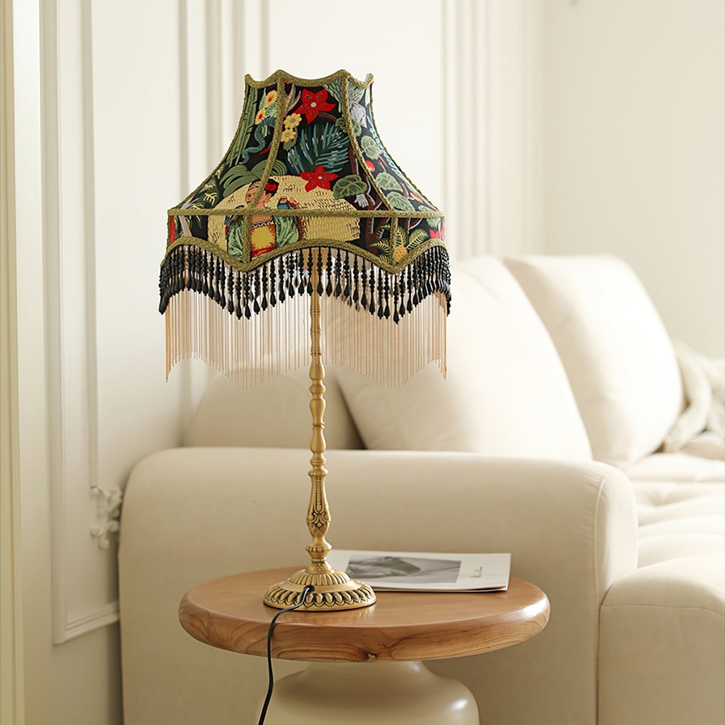VintageBloom - Tafel Lamp in Franse Bloemmotief met Franje