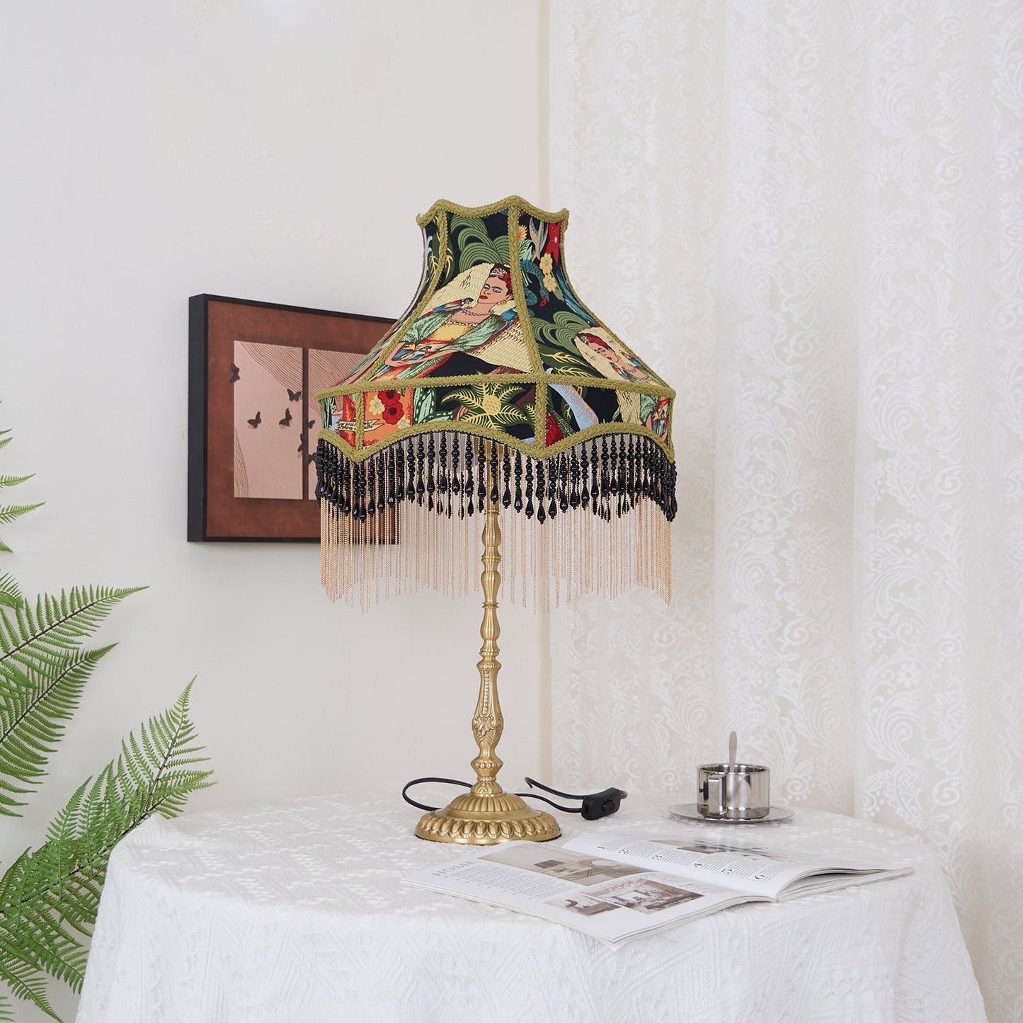 VintageBloom - Tafel Lamp in Franse Bloemmotief met Franje